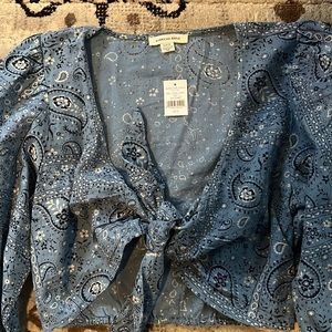 american eagle outfitters tie front cotton/linen print top